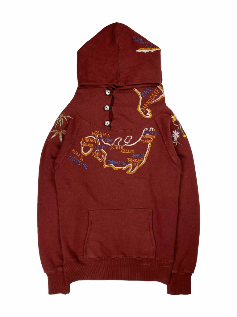 Kapital Japan Map Embroidered Henley Hoodie in Burgundy