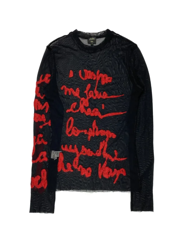 Jean Paul Gaultier Script Embroidered Mesh Top in Black